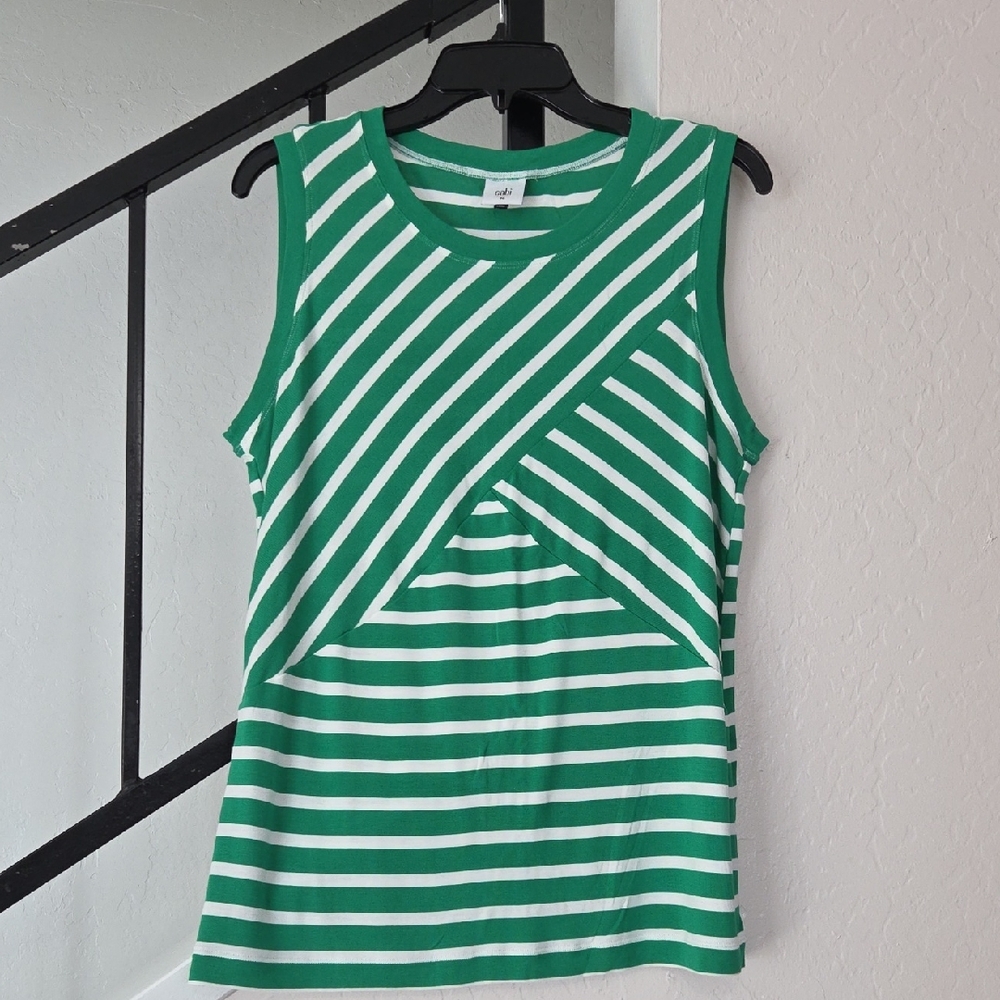 CAbi 5758 Green and White Diagonal Striped Tank Top Size M - Picture 1 of 6